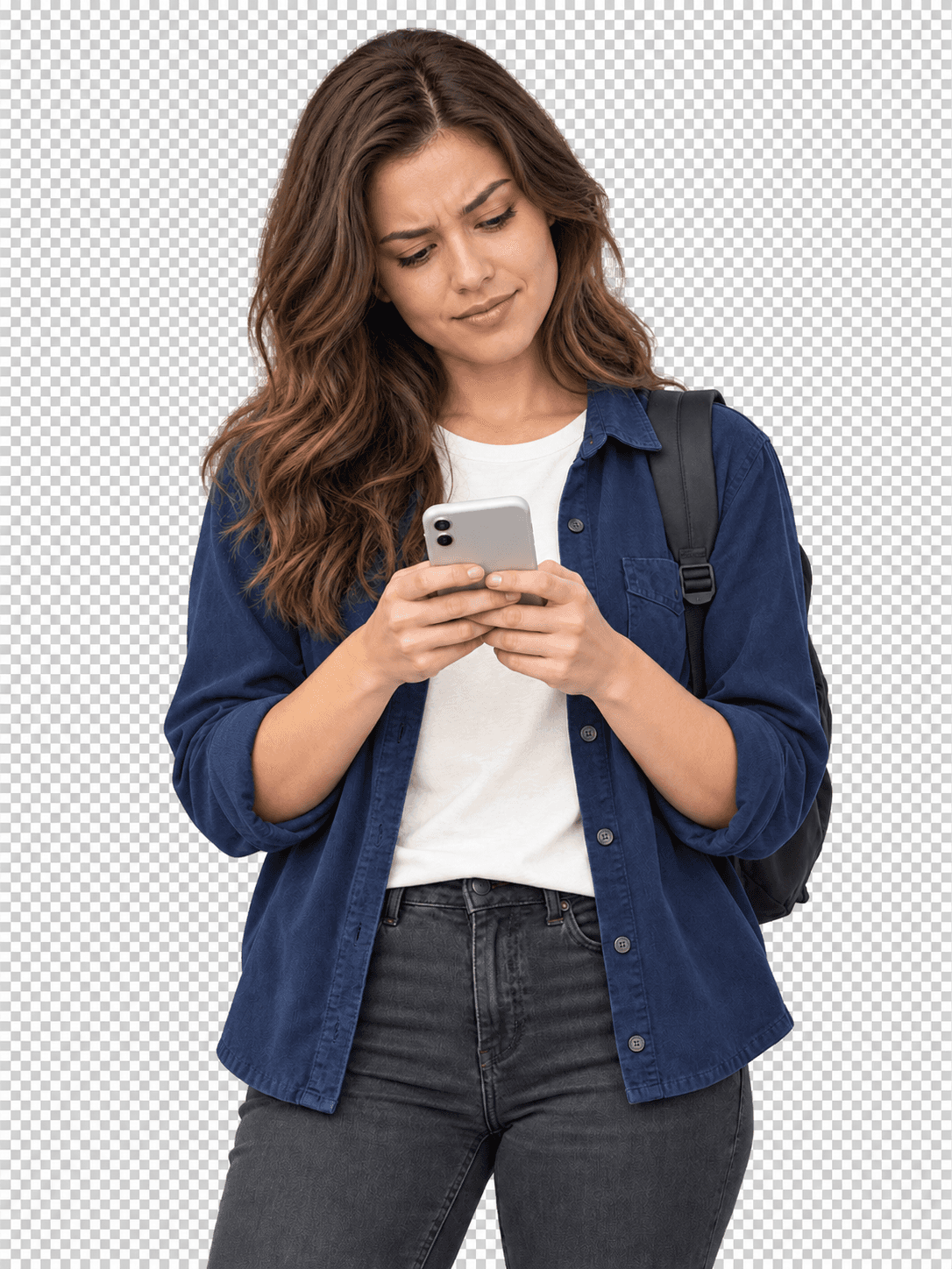 A learner looking thoughtfully at their phone for answers about a course